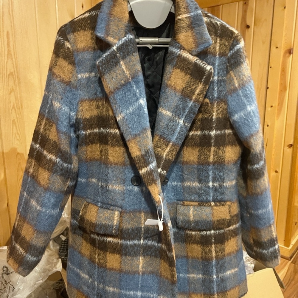 Blue and Brown Plaid Women's Coat